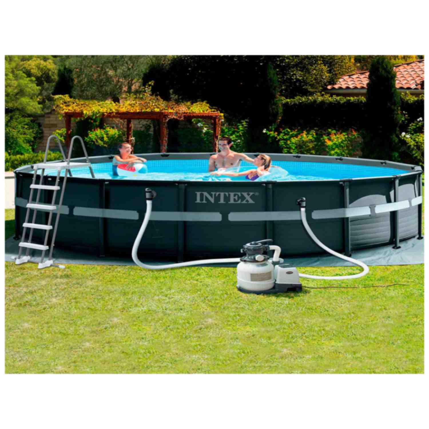 Piscina Estructural Ultra XTR Frame INTEX 549 x 132 cm, 26.423L, con Bomba de Arena, Escalera, Cobertor y Tapiz