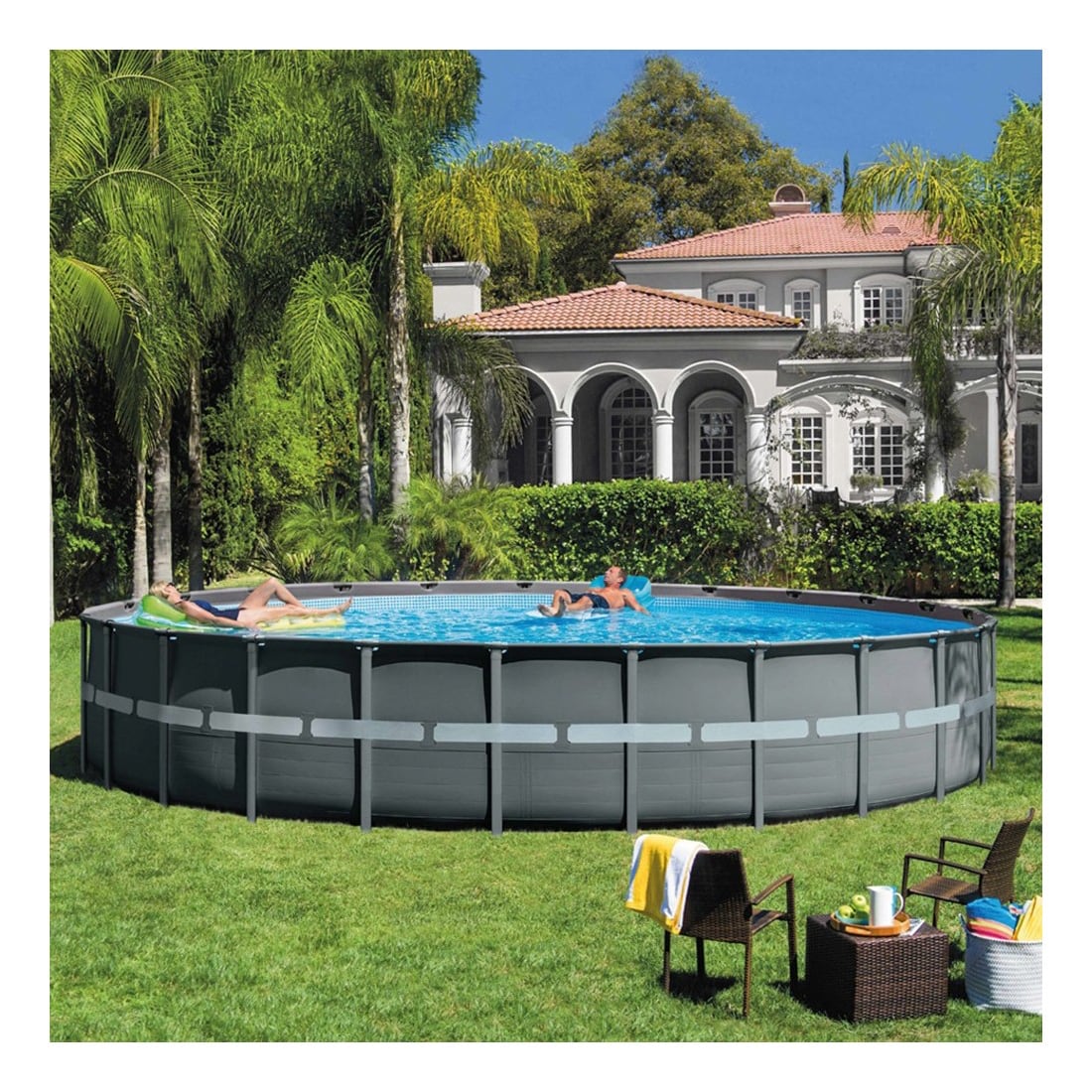 Piscina Estructural Redonda INTEX Ultra XTR 732 x 132 cm, 47.241L, con Bomba de Arena, Escalera, Cobertor y Tapiz