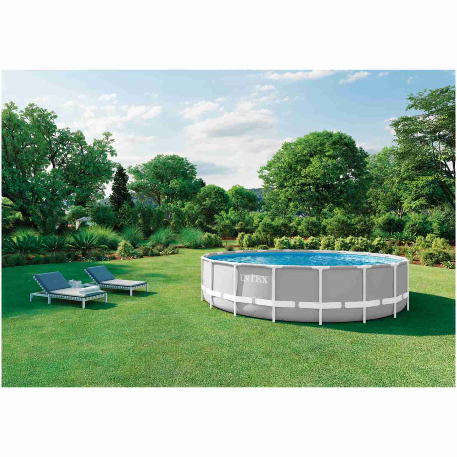Piscina Estructural Redonda INTEX Prism Frame 5.49mx1.22m, 24.311L, con Bomba, Escalera, Cobertor y Tapiz