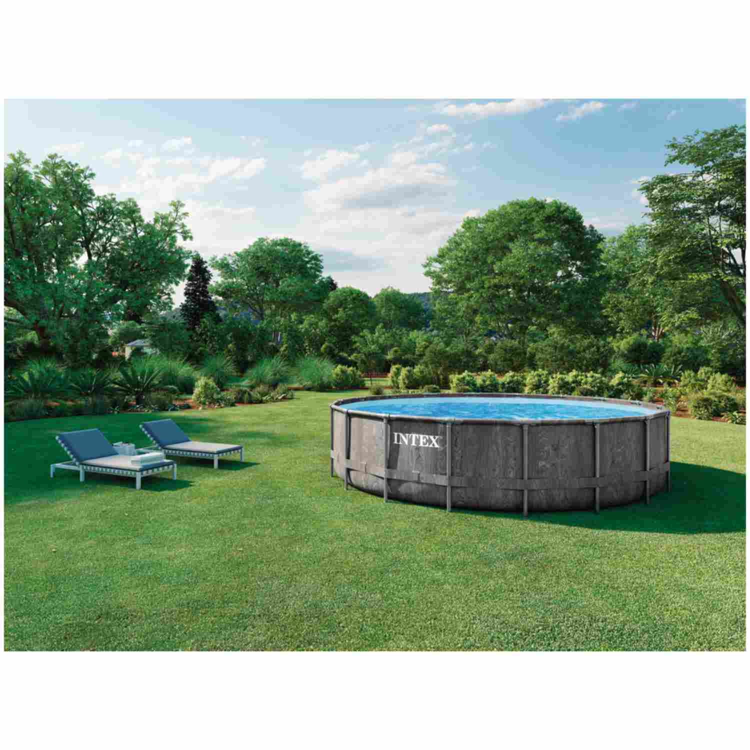 Piscina Estructural Redonda INTEX Prism Frame Greywood, 5.49 x 1.22m, 24.311L, con Bomba, Escalera, Cobertor y Tapiz