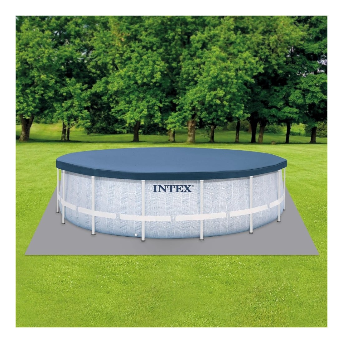 Piscina Estructural Redonda INTEX Prism Frame Chevron 488 x 122 cm, 19.156L, con Bomba, Escalera, Cobertor y Tapiz