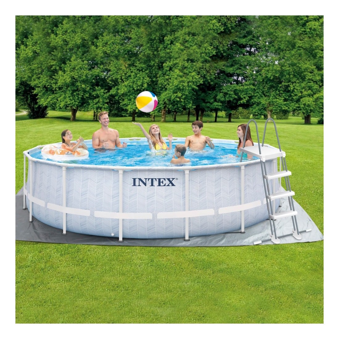Piscina Estructural Redonda INTEX Prism Frame Chevron 488 x 122 cm, 19.156L, con Bomba, Escalera, Cobertor y Tapiz