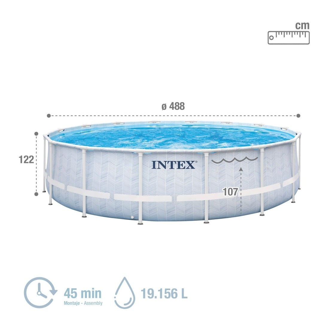 Piscina Estructural Redonda INTEX Prism Frame Chevron 488 x 122 cm, 19.156L, con Bomba, Escalera, Cobertor y Tapiz