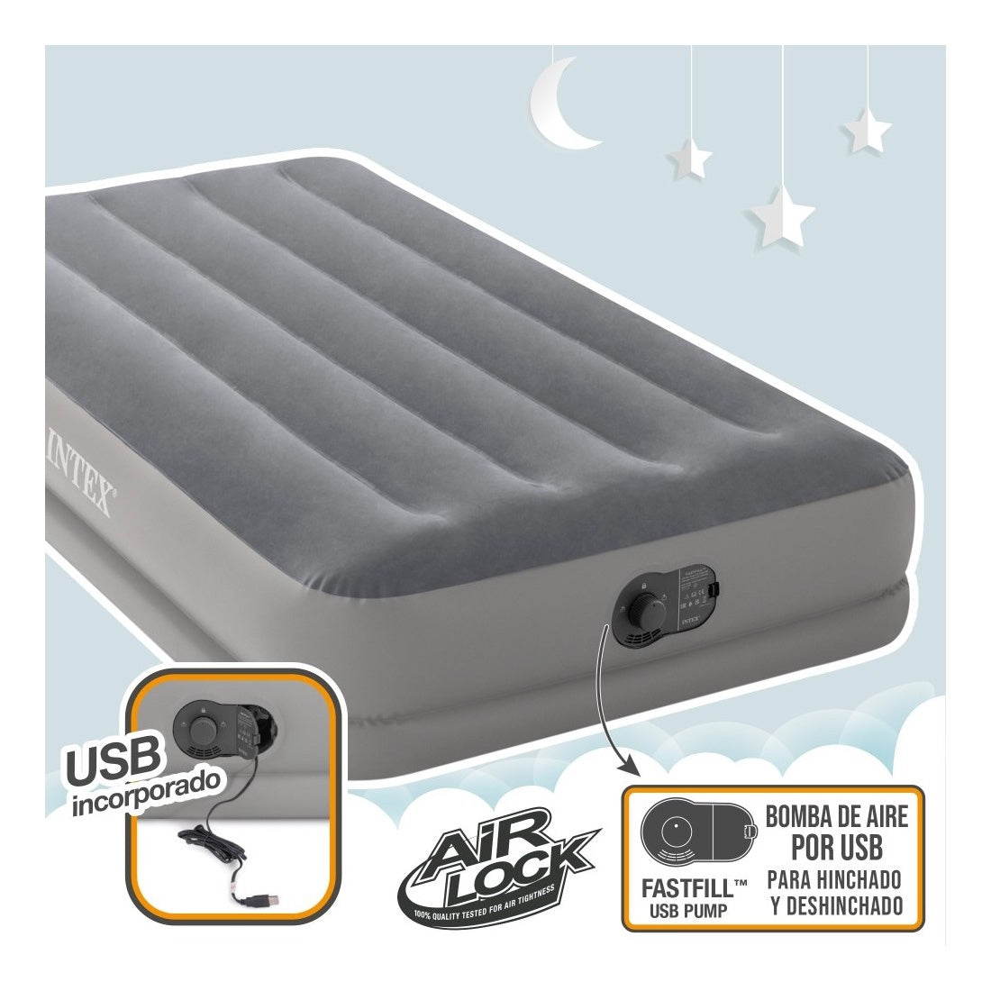 Colchón Inflable Eléctrico USB INTEX 1 Plaza Dura-Beam Standard Prestige