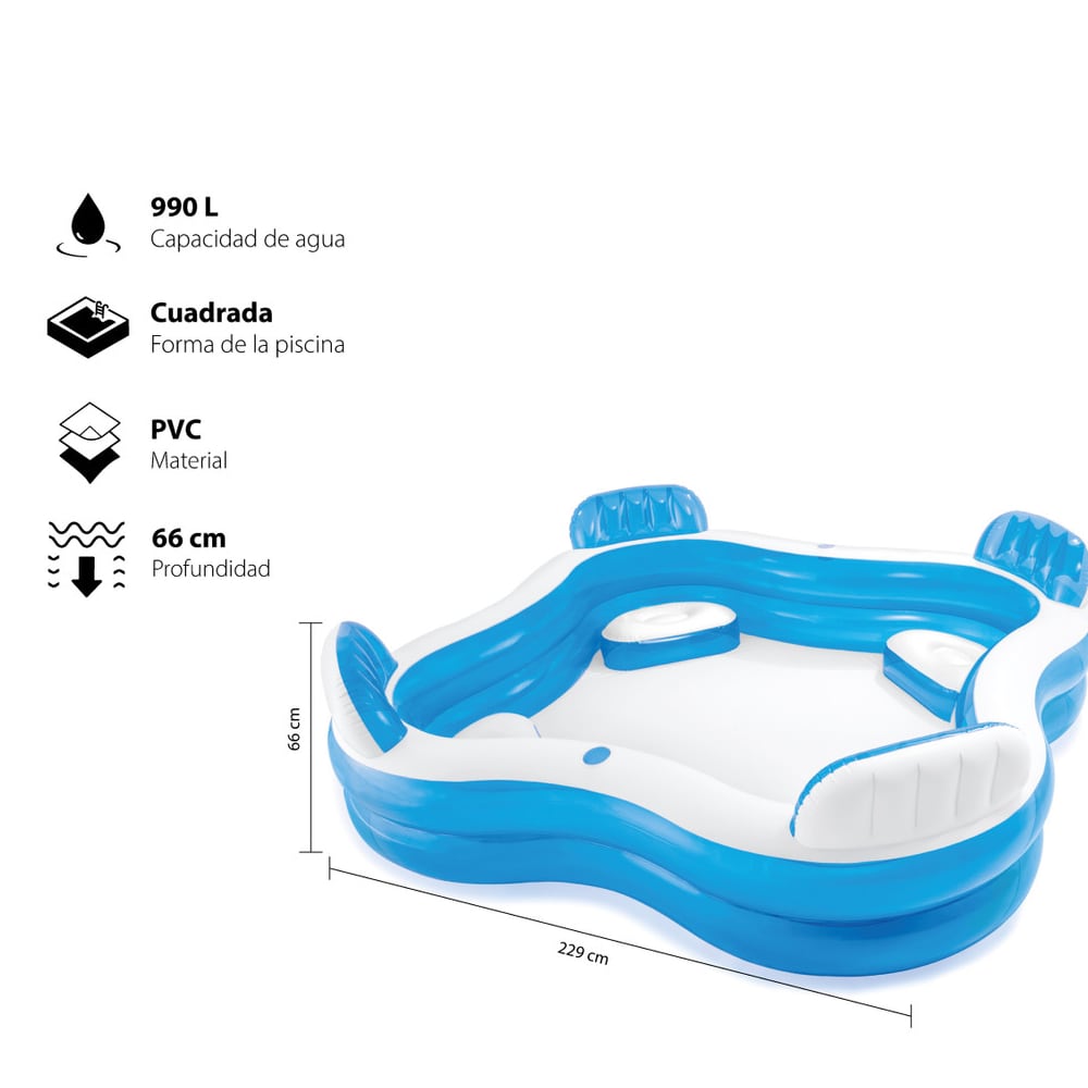 Piscina Familiar INTEX Swim Cente con Asientos 229 x 229 x 66 cm, 990 L