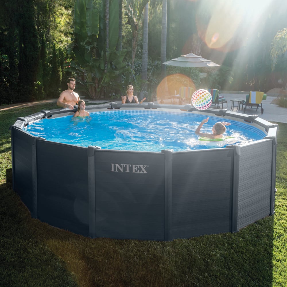 Piscina Estructural INTEX Graphite Grey Panel 478 x 124 cm, 16.805L, con Bomba de Arena, Escalera, Cobertor y Tapiz