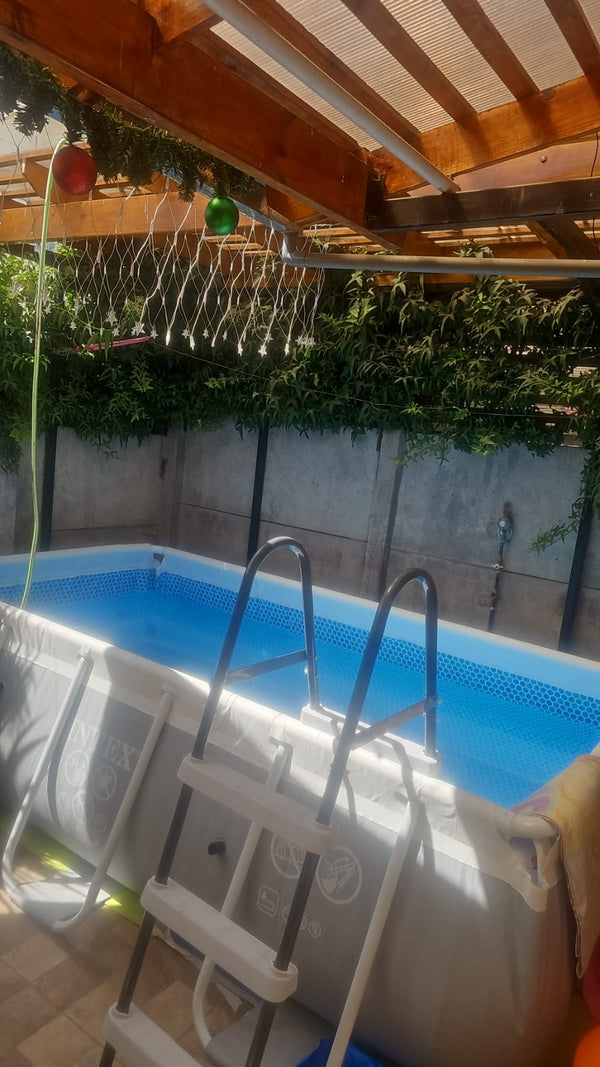 Piscina estructural INTEX con escalera instalada bajo un techo de madera, rodeada de plantas