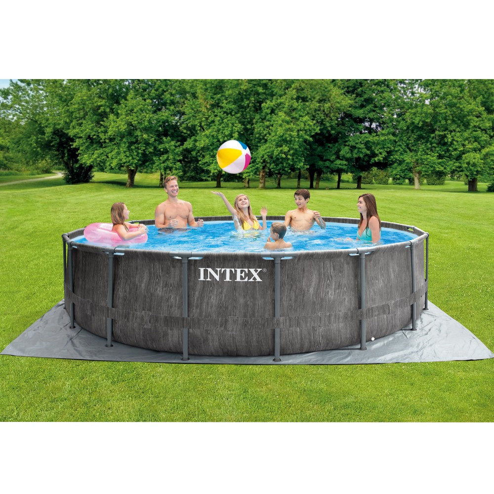 Piscina Estructural Redonda INTEX Prism Frame Greywood Premium, 457 x 122 cm, 16.805L, con Bomba, Escalera, Cobertor y Tapiz