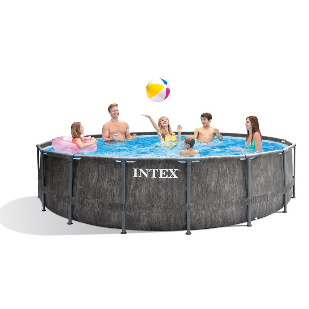 Piscina Estructural Redonda INTEX Prism Frame Greywood Premium, 457 x 122 cm, 16.805L, con Bomba, Escalera, Cobertor y Tapiz