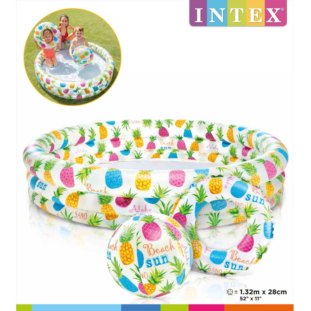 Set Infantil de Piscina + Flotador + Pelota Inflable Piñas INTEX