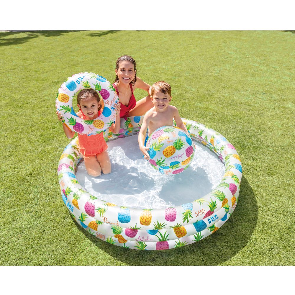 Set Infantil de Piscina + Flotador + Pelota Inflable Piñas INTEX