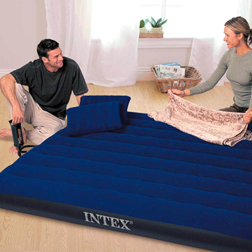 Colchón Inflable INTEX 2 Plazas Classic Downy con Inflador y 2 Almohadas 152x203x25 cm