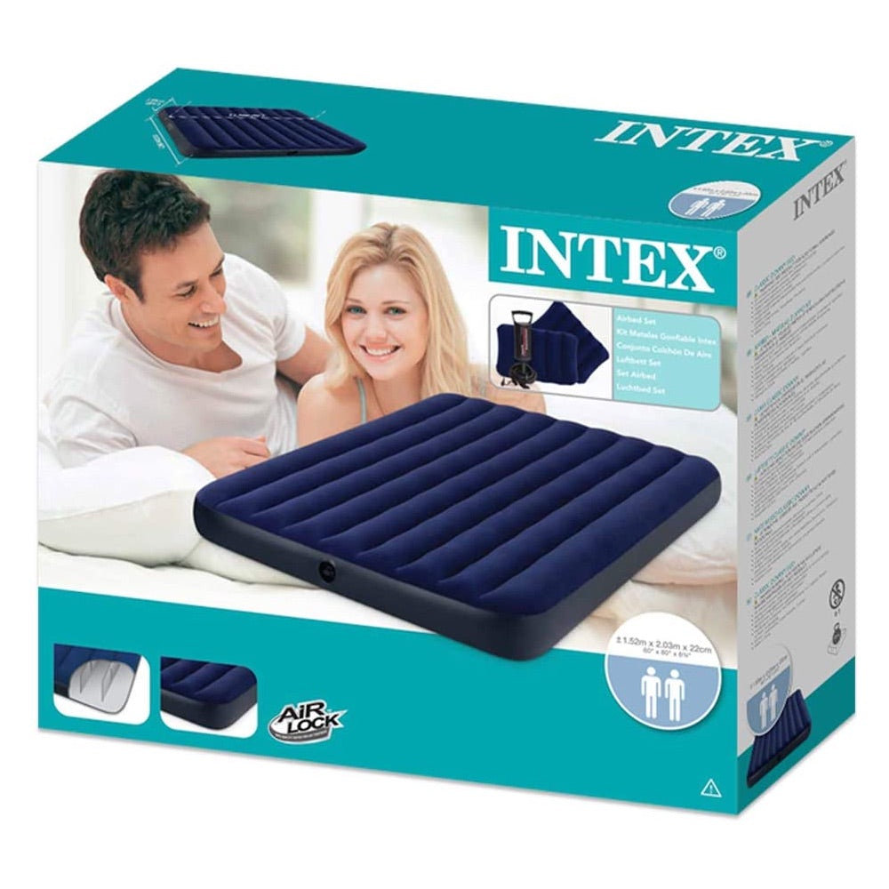 Colchón Inflable INTEX 2 Plazas Classic Downy con Inflador y 2 Almohadas 152x203x25 cm