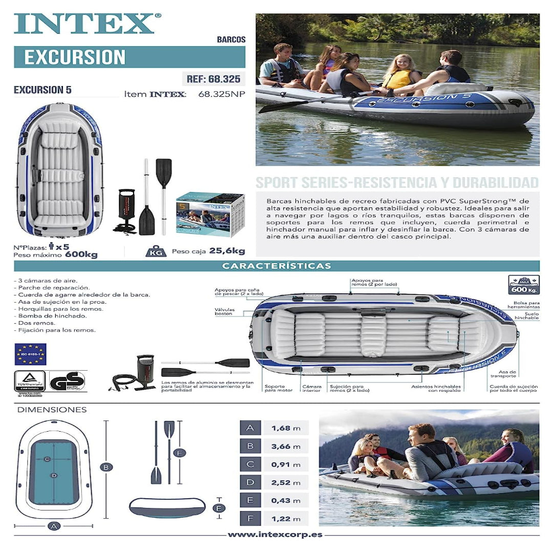 Bote Inflable Excursion Intex para 5 Personas 366 x 168 x 43cm