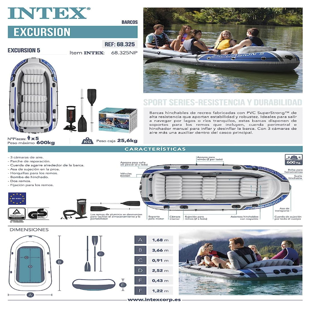 Bote Inflable Excursion INTEX para 5 Personas 366 x 168 x 43cm