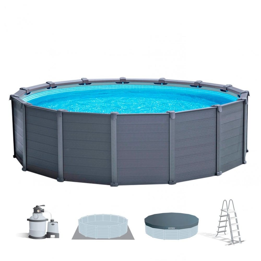 Piscina Estructural INTEX Graphite Grey Panel 478 x 124 cm, 16.805L, con Bomba de Arena, Escalera, Cobertor y Tapiz