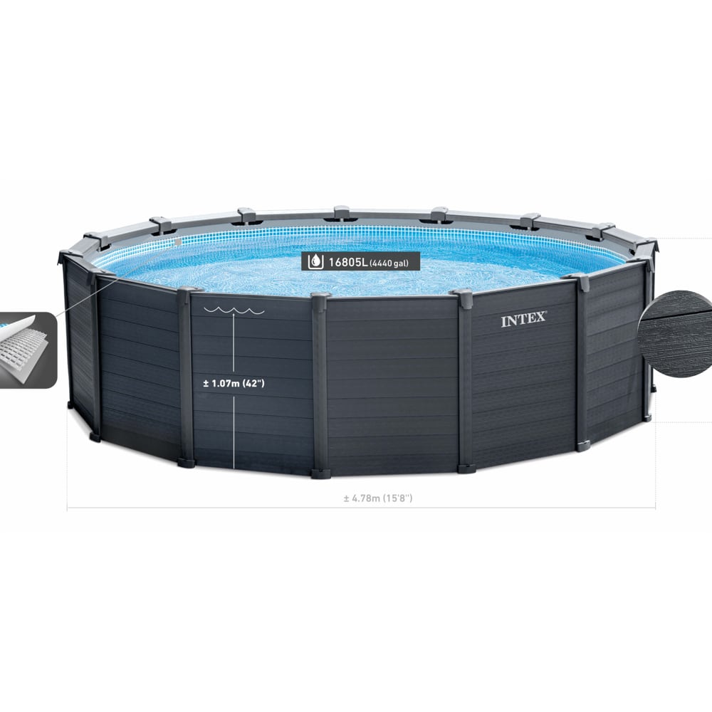 Piscina Estructural INTEX Graphite Grey Panel 478 x 124 cm, 16.805L, con Bomba de Arena, Escalera, Cobertor y Tapiz