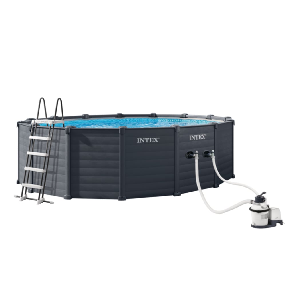 Piscina Estructural INTEX Graphite Grey Panel 478 x 124 cm, 16.805L, con Bomba de Arena, Escalera, Cobertor y Tapiz
