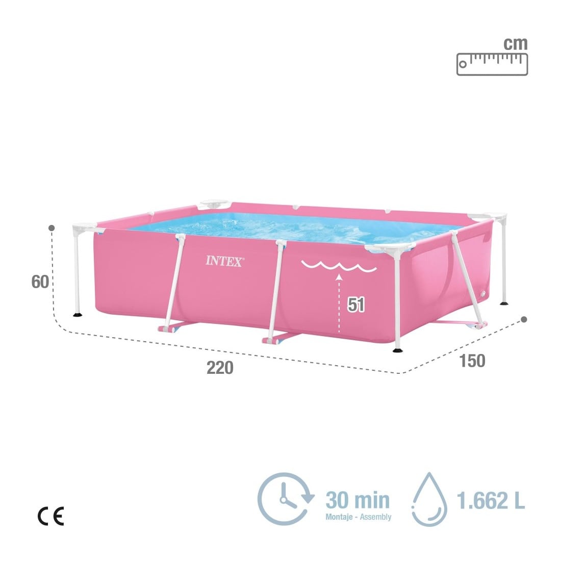 Piscina Estructural Rectangular INTEX 220 x 150 x 60 cm, 1.662L Rosada