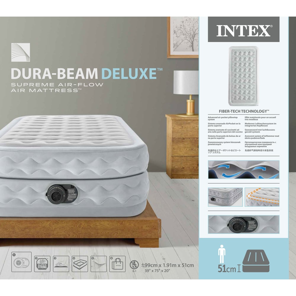 Colchón Inflable Eléctrico INTEX 1.5 Plazas Supreme Air-Flow con Fiber-Tech 191x99x51 cm