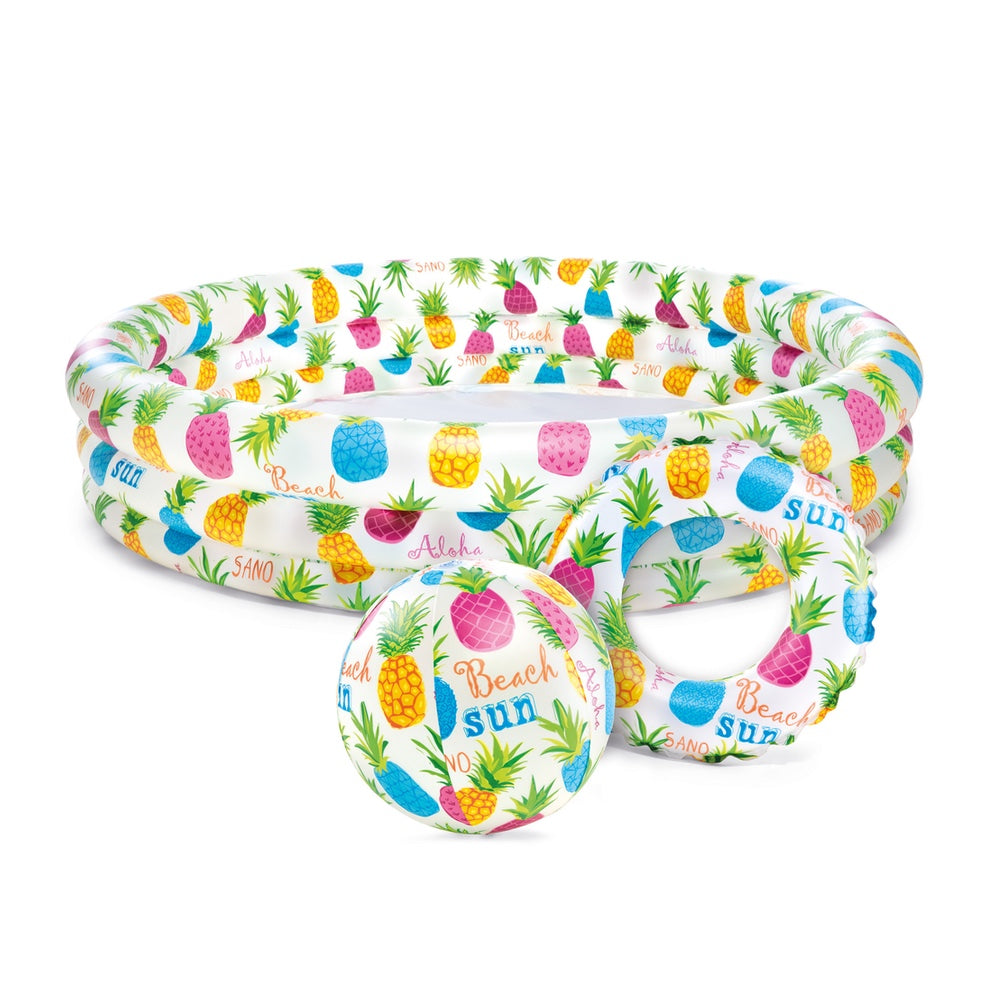 Set Infantil de Piscina + Flotador + Pelota Inflable Piñas INTEX