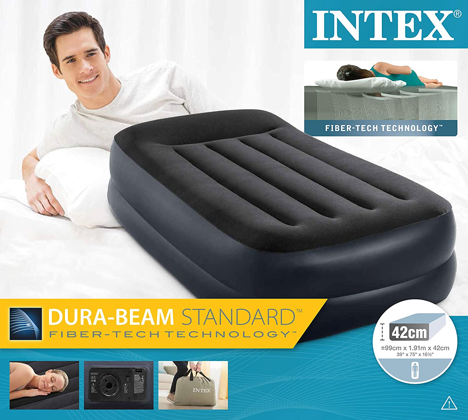 Colchón Inflable INTEX Twin 1 Plaza Pillow Rest Dura-Beam con Inflador Eléctrico